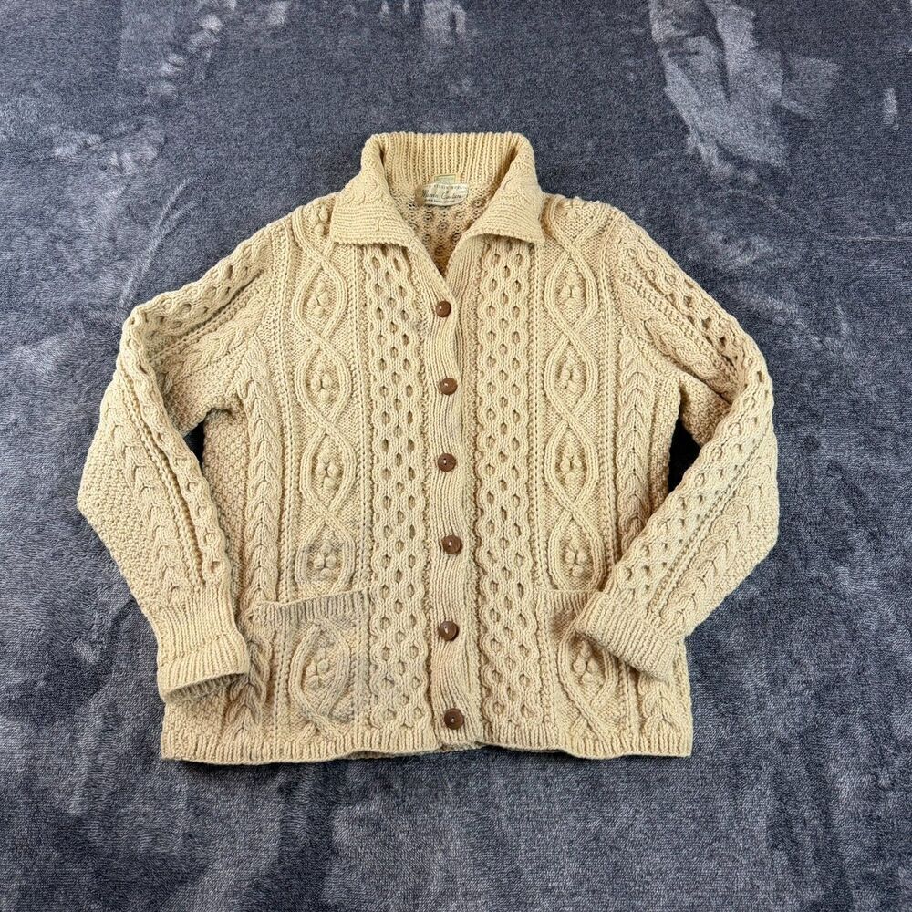 Vtg 60's 70's Abercrombie & Fitch Virgin Wool Cable Knit Cardigan Ireland M/L - Picture 1 of 11